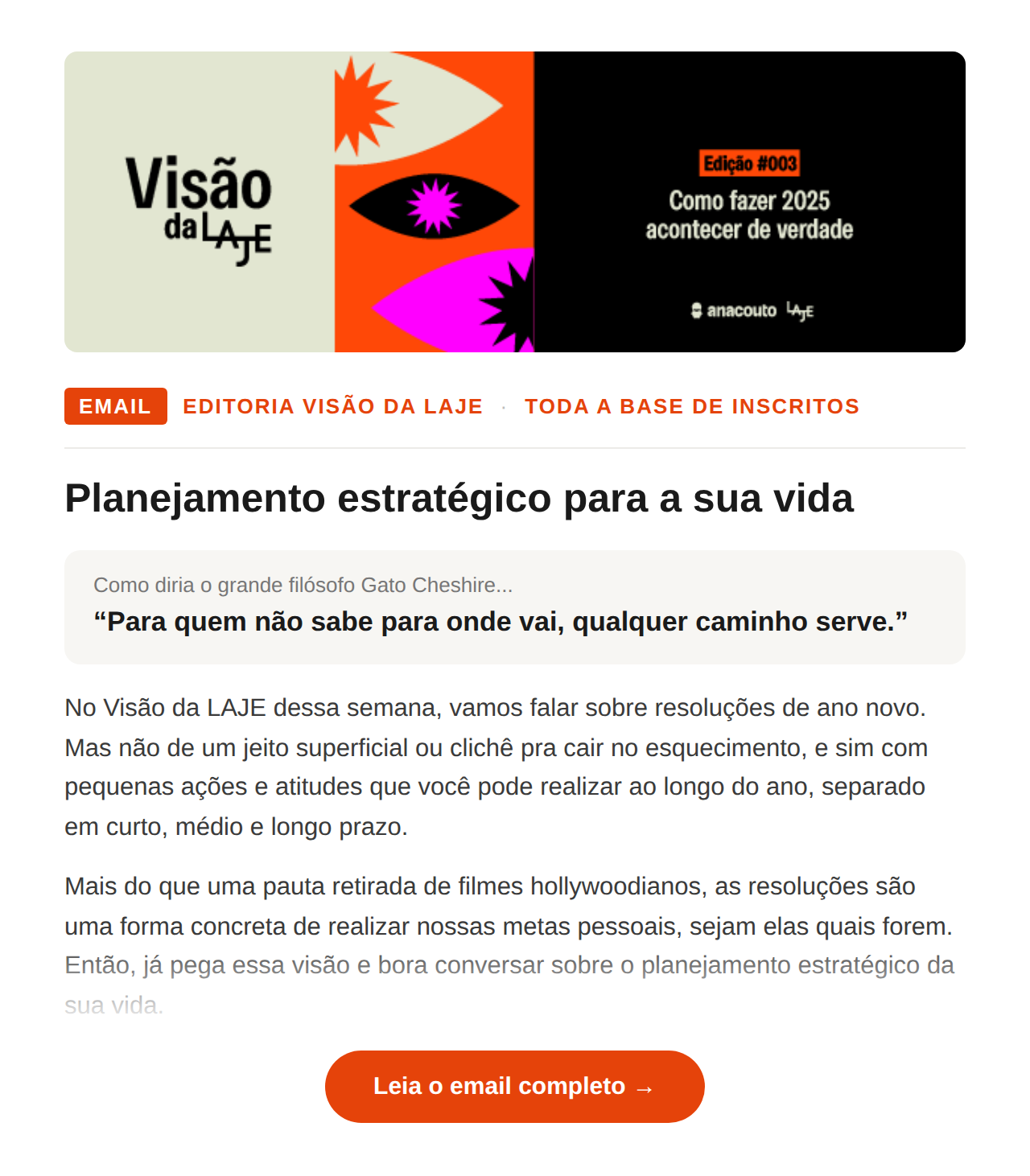 E-mail Visão da LAJE sobre planejamento estratégico para a vida